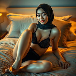 A stunning Chinese woman wearing a stylish hijab, striking alluring poses while topless, complemented by elegant underwear and high heels on her feet
