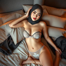 A stunning Chinese woman wearing a stylish hijab, striking alluring poses while topless, complemented by elegant underwear and high heels on her feet