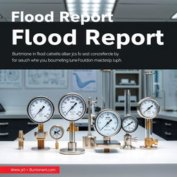 A detailed laboratory scene for a flood report cover, featuring various instruments such as a hydrostatic pressure gauge, a manometer, a barometer, and a Bourdon tube gauge