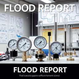 A detailed laboratory scene for a flood report cover, featuring various instruments such as a hydrostatic pressure gauge, a manometer, a barometer, and a Bourdon tube gauge