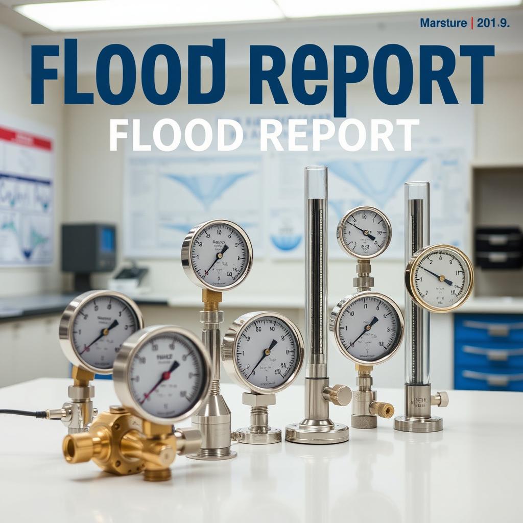 A detailed laboratory scene for a flood report cover, featuring various instruments such as a hydrostatic pressure gauge, a manometer, a barometer, and a Bourdon tube gauge