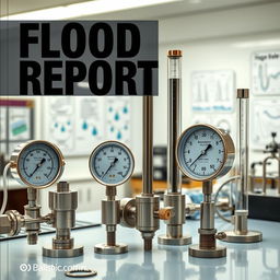 A detailed laboratory scene for a flood report cover, featuring various instruments such as a hydrostatic pressure gauge, a manometer, a barometer, and a Bourdon tube gauge