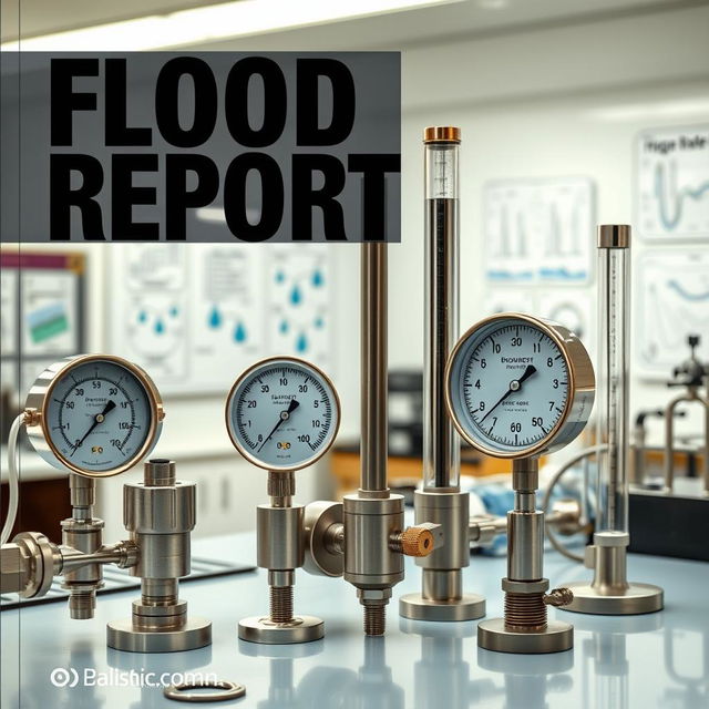A detailed laboratory scene for a flood report cover, featuring various instruments such as a hydrostatic pressure gauge, a manometer, a barometer, and a Bourdon tube gauge