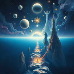 A surreal and mystical representation of a cosmic journey through various realms