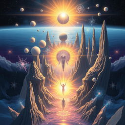 A surreal and mystical representation of a cosmic journey through various realms