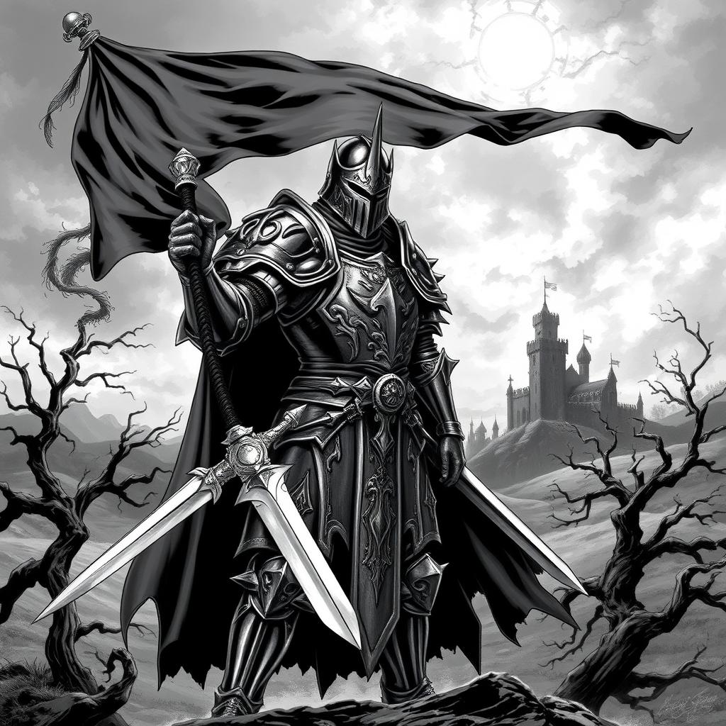 An illustration of a dark medieval knight in a Dungeons and Dragons style, depicted in striking black and white