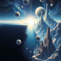 A surreal and mystical representation of a cosmic journey through various realms