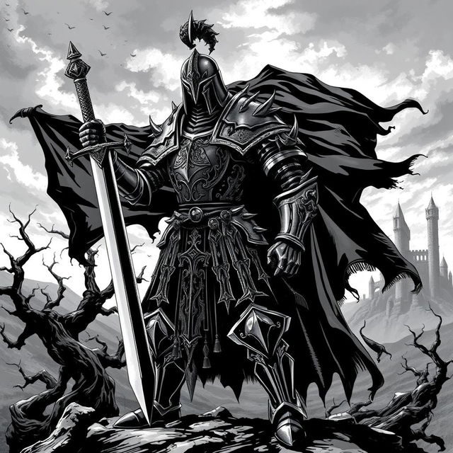 An illustration of a dark medieval knight in a Dungeons and Dragons style, depicted in striking black and white