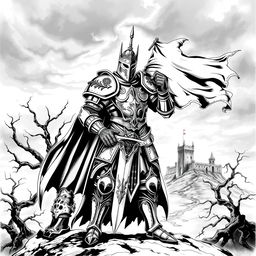 An illustration of a dark medieval knight in a Dungeons and Dragons style, depicted in striking black and white