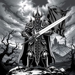 An illustration of a dark medieval knight in a Dungeons and Dragons style, depicted in striking black and white