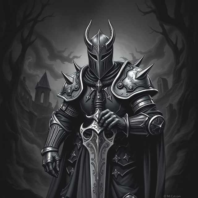 An illustration of a medieval knight crafted in a dark Dungeons and Dragons style, presented in a striking black and white format