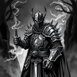 An illustration of a medieval knight crafted in a dark Dungeons and Dragons style, presented in a striking black and white format