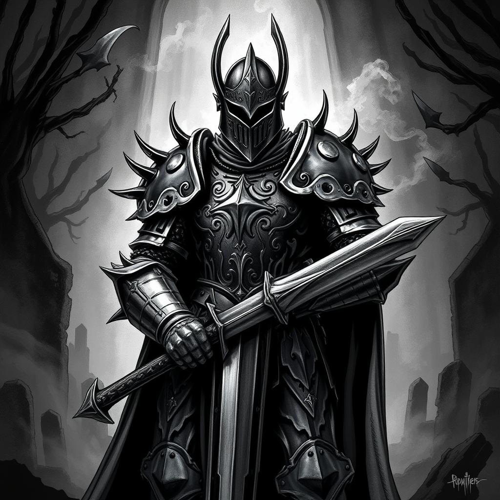 An illustration of a medieval knight crafted in a dark Dungeons and Dragons style, presented in a striking black and white format