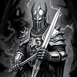 An illustration of a medieval knight crafted in a dark Dungeons and Dragons style, presented in a striking black and white format