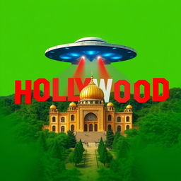 A creative mashup of the Hollywood logo integrated with the Imam Reza Shrine in Mashhad, Iran, featuring an alien spaceship attacking above