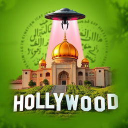 A creative mashup of the Hollywood logo integrated with the Imam Reza Shrine in Mashhad, Iran, featuring an alien spaceship attacking above
