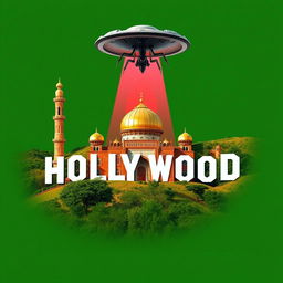 A creative mashup of the Hollywood logo integrated with the Imam Reza Shrine in Mashhad, Iran, featuring an alien spaceship attacking above