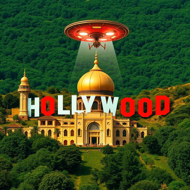 A creative mashup of the Hollywood logo integrated with the Imam Reza Shrine in Mashhad, Iran, featuring an alien spaceship attacking above