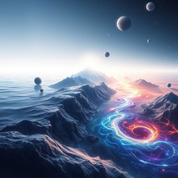 A fantastical and abstract cosmic landscape illustrating a journey through nine distinct realms