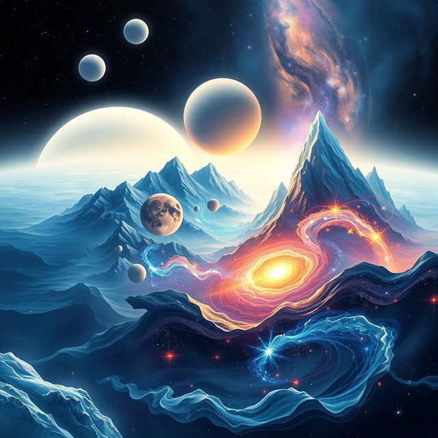 A fantastical and abstract cosmic landscape illustrating a journey through nine distinct realms