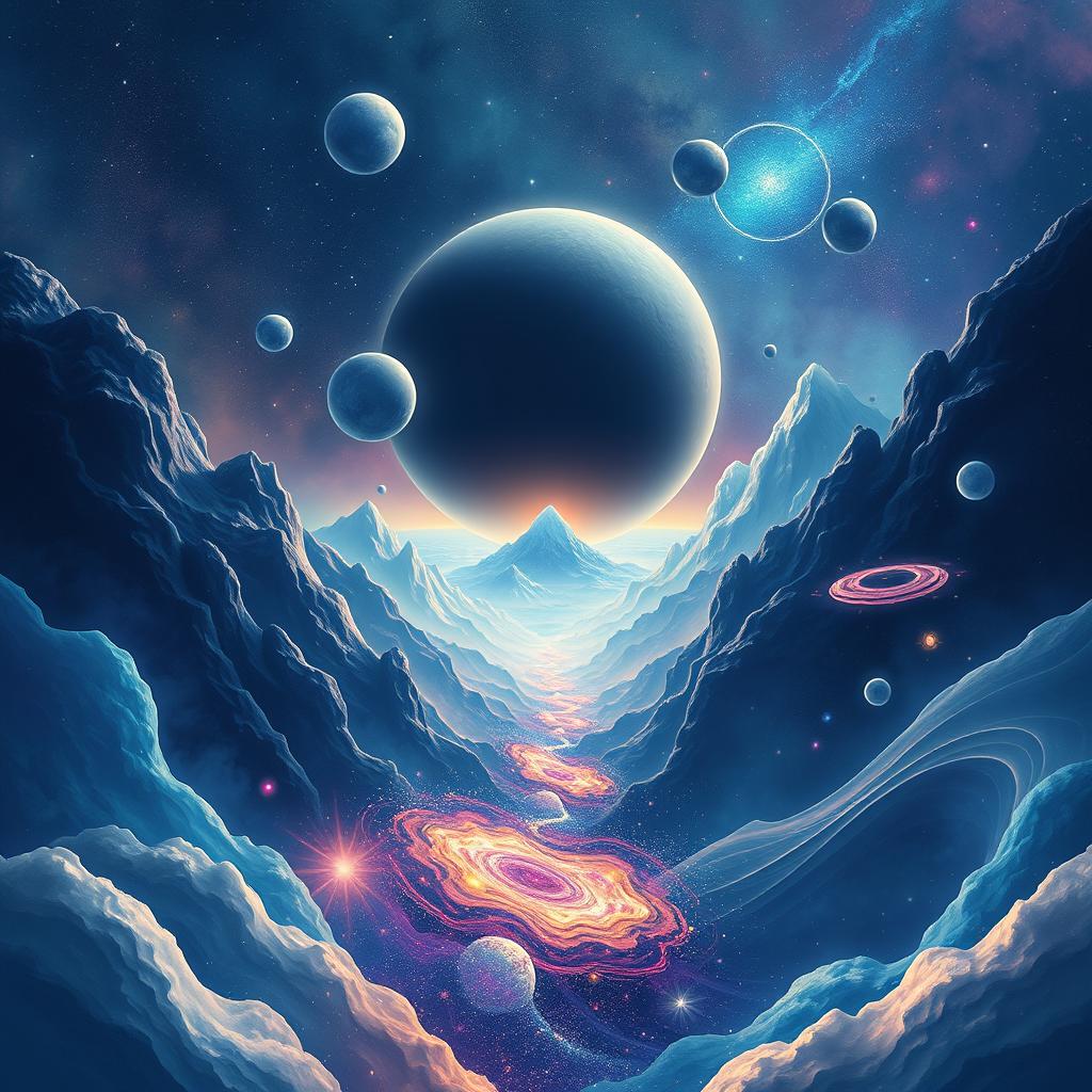 A fantastical and abstract cosmic landscape illustrating a journey through nine distinct realms