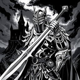 An illustration of a medieval knight rendered in a dark Dungeons and Dragons style, depicted in bold black and white