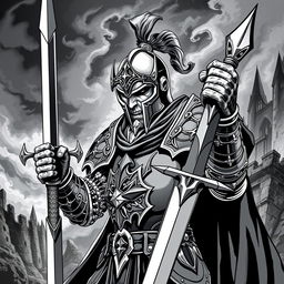 An illustration of a medieval knight rendered in a dark Dungeons and Dragons style, depicted in bold black and white