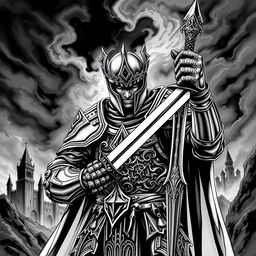 An illustration of a medieval knight rendered in a dark Dungeons and Dragons style, depicted in bold black and white