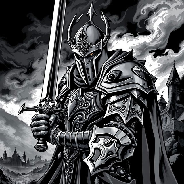 An illustration of a medieval knight rendered in a dark Dungeons and Dragons style, depicted in bold black and white