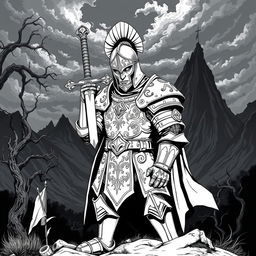 An illustration of a medieval knight crafted in a dark Dungeons and Dragons style, rendered entirely in black and white