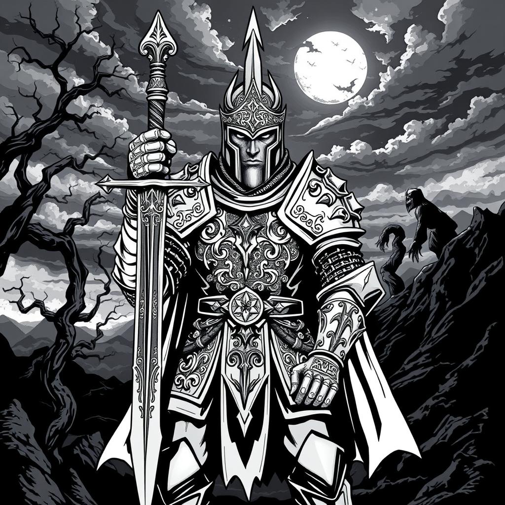 An illustration of a medieval knight crafted in a dark Dungeons and Dragons style, rendered entirely in black and white