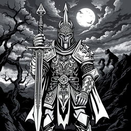 An illustration of a medieval knight crafted in a dark Dungeons and Dragons style, rendered entirely in black and white