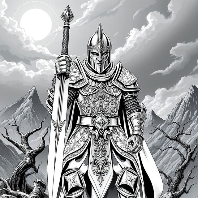 An illustration of a medieval knight crafted in a dark Dungeons and Dragons style, rendered entirely in black and white