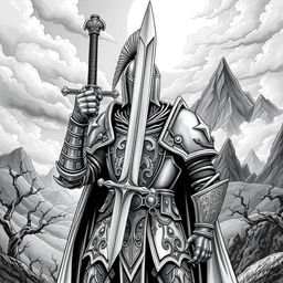 An illustration of a medieval knight crafted in a dark Dungeons and Dragons style, rendered entirely in black and white