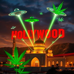 A creative interpretation blending the iconic red and white Hollywood logo with the golden Imam Reza Shrine in Mashhad, Iran