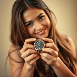 A beautiful girl holding a stylish watch in her hands, which is closed and reversed so the watch face is not visible