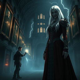 A gripping and intense scene from a reimagined Resident Evil 8 set in a dark, gothic castle environment
