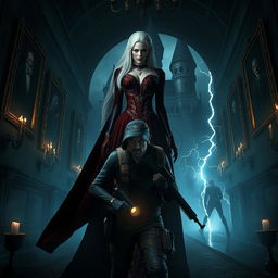 A gripping and intense scene from a reimagined Resident Evil 8 set in a dark, gothic castle environment