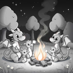 A cute and whimsical medieval scene featuring a dragon family gathered around a bonfire