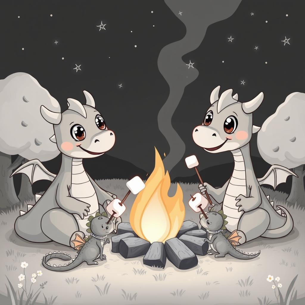 A cute and whimsical medieval scene featuring a dragon family gathered around a bonfire