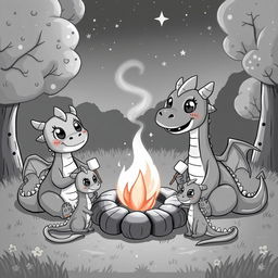 A cute and whimsical medieval scene featuring a dragon family gathered around a bonfire
