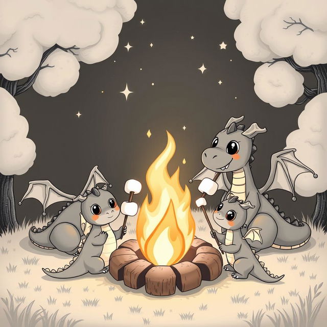 A cute and whimsical medieval scene featuring a dragon family gathered around a bonfire