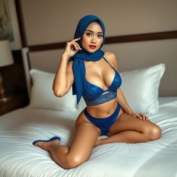 A striking Chinese woman wearing a stylish hijab and a seductive blue bra, paired with matching underwear, poses gracefully on a luxurious bed