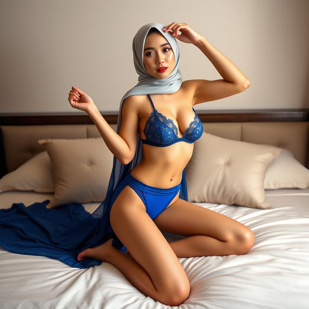 A striking Chinese woman wearing a stylish hijab and a seductive blue bra, paired with matching underwear, poses gracefully on a luxurious bed