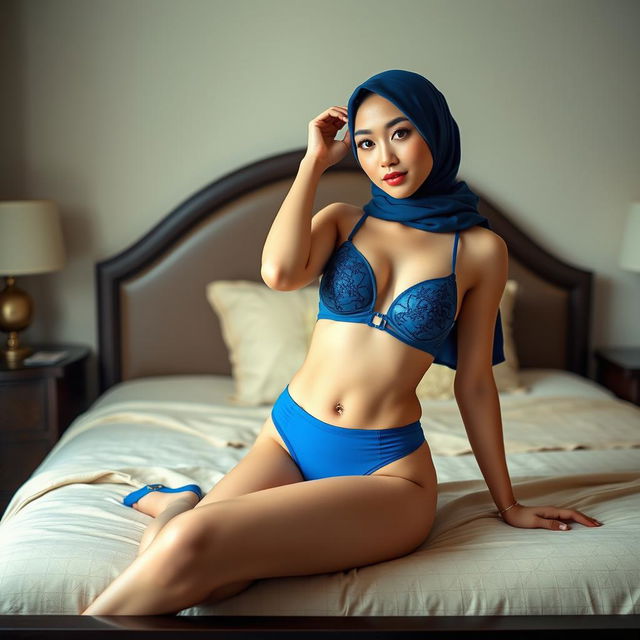 A striking Chinese woman wearing a stylish hijab and a seductive blue bra, paired with matching underwear, poses gracefully on a luxurious bed