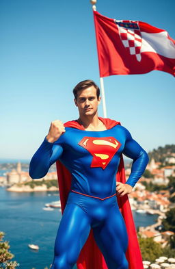A heroic figure resembling Superman, standing confidently in a picturesque Croatian landscape