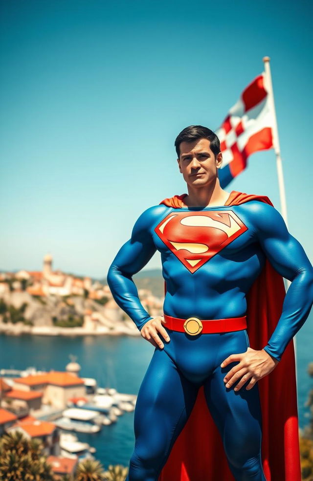 A heroic figure resembling Superman, standing confidently in a picturesque Croatian landscape