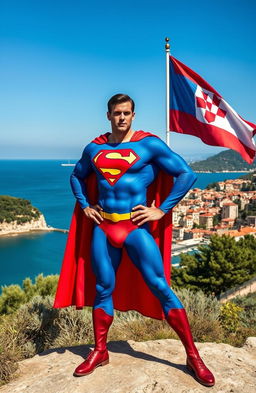 A heroic figure resembling Superman, standing confidently in a picturesque Croatian landscape
