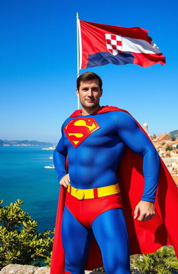 A heroic figure resembling Superman, standing confidently in a picturesque Croatian landscape
