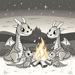 A whimsical scene featuring a medieval dragon family gathered around a bonfire at twilight